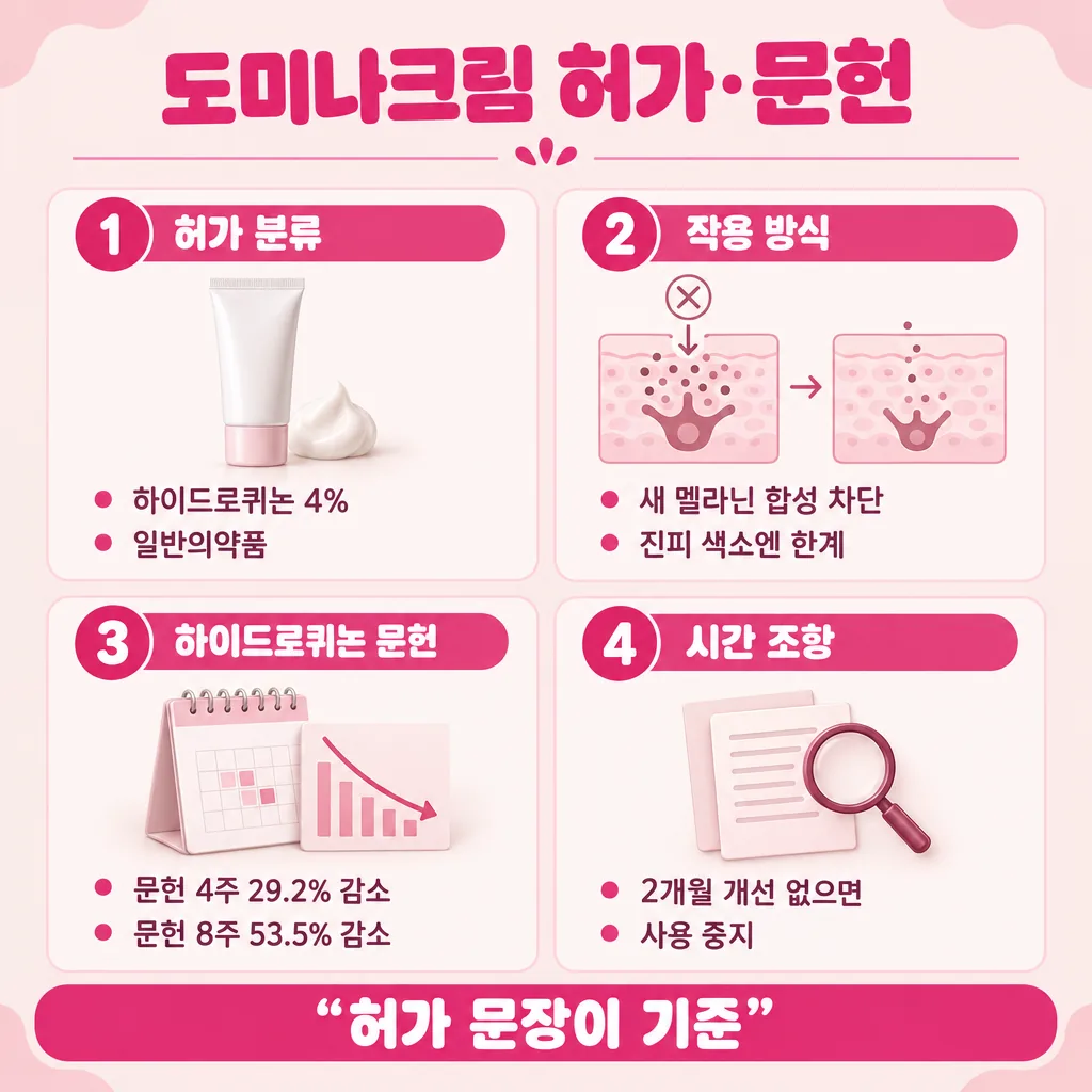 허가 문장과 하이드로퀴논 4% 문헌 수치를 모은 요약 인포그래픽