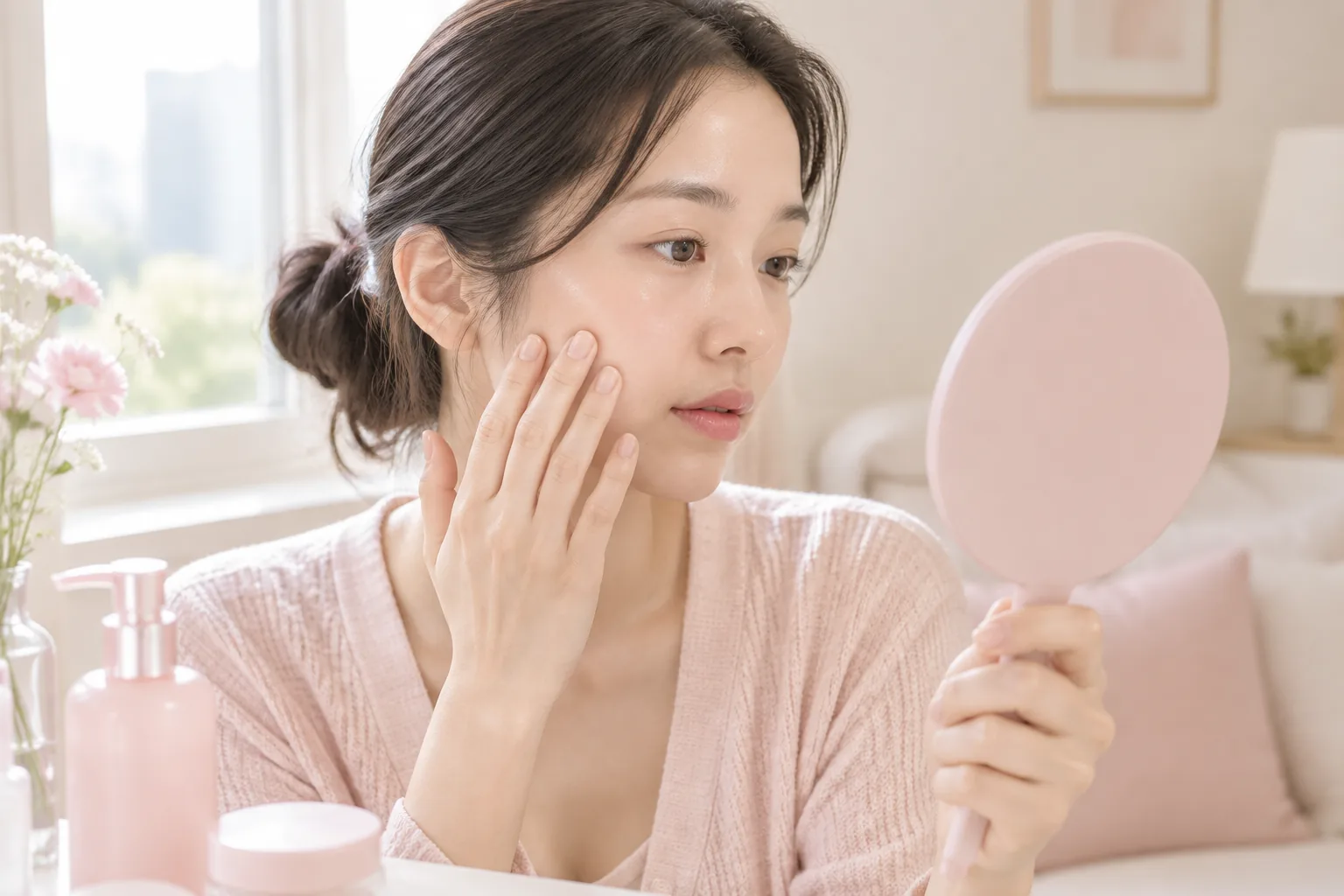 아침 빛 아래에서 피부 결을 살피는 모습