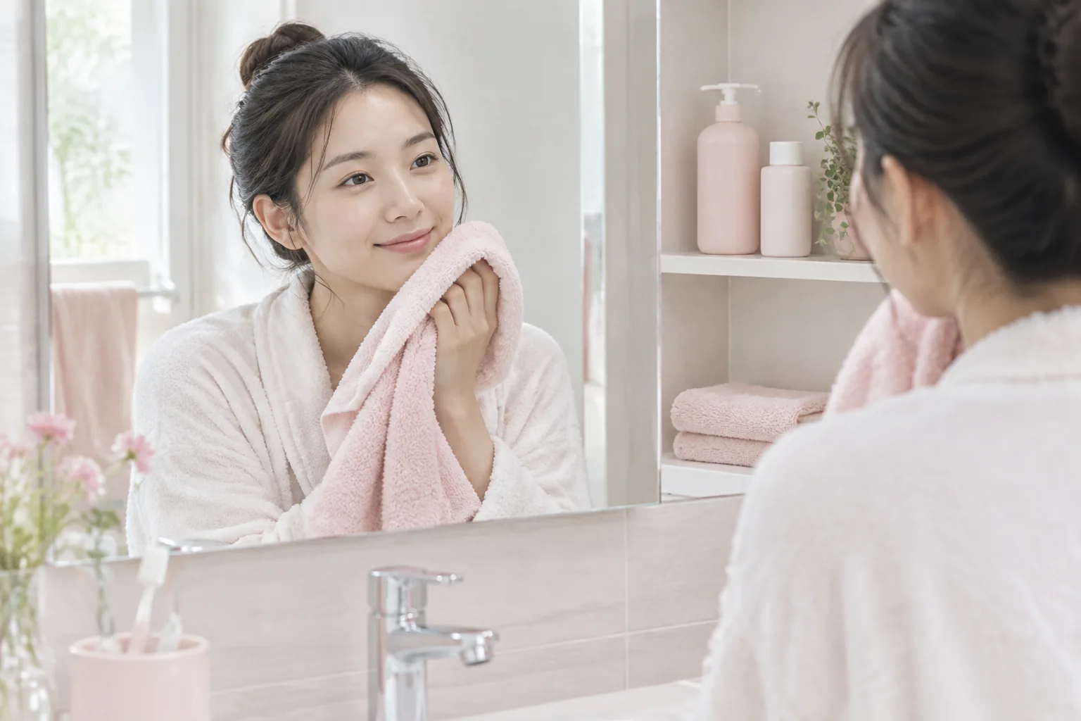 세안 후 상태를 확인하는 저녁 루틴 장면