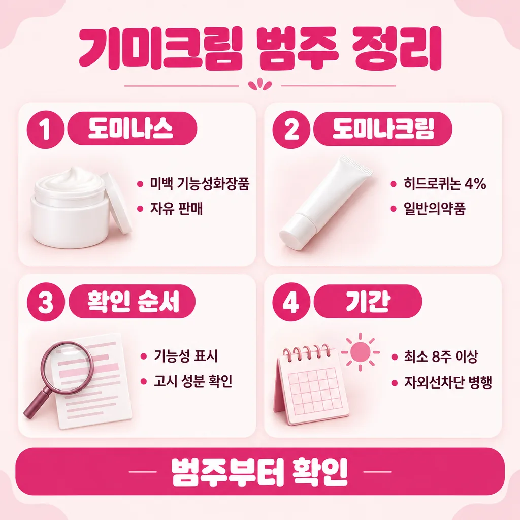 기미 케어 제품의 범주와 확인 순서를 한 장으로 요약