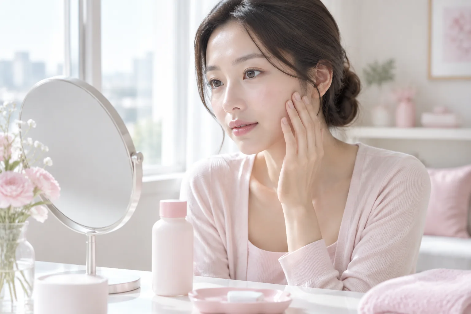 색소가 신경 쓰여 피부 상태를 살펴보는 모습