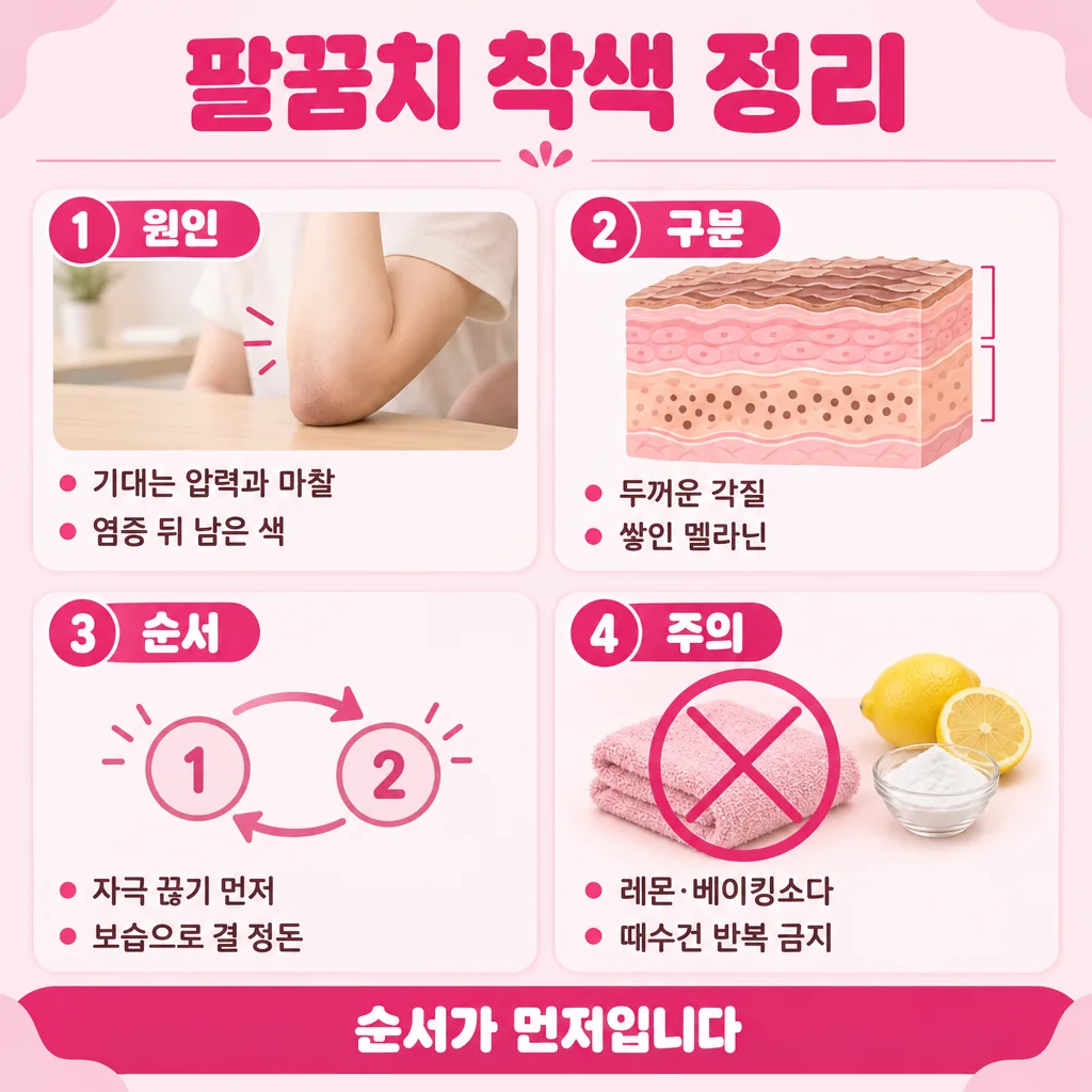 거뭇한 팔꿈치 고민을 원인과 순서로 한 장에 정리한 요약