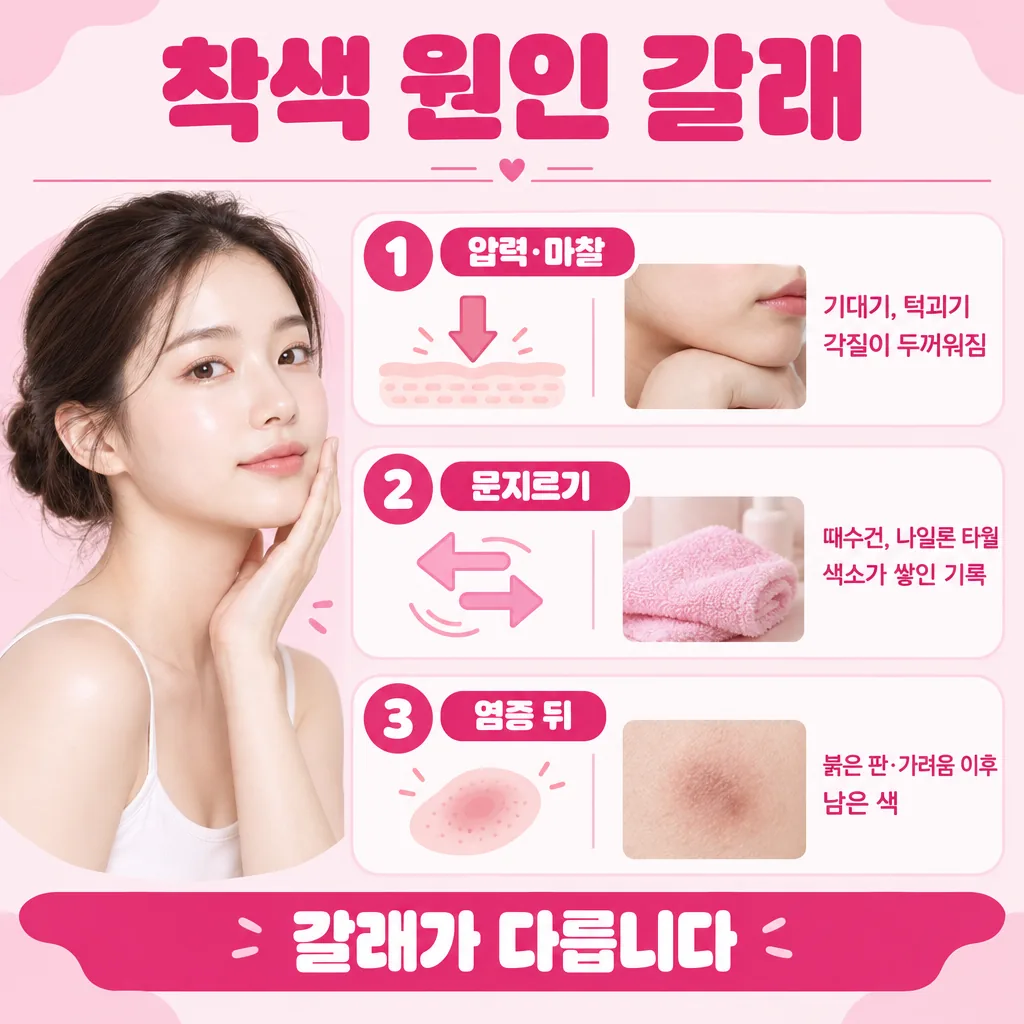 팔꿈치 착색 원인을 세 가지 경로로 나눈 그림