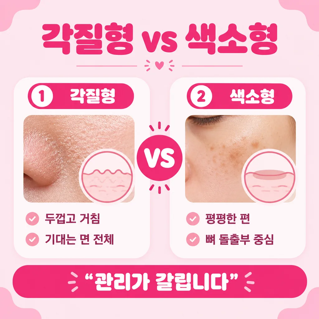 두꺼운 각질과 쌓인 색소를 나란히 비교한 그림