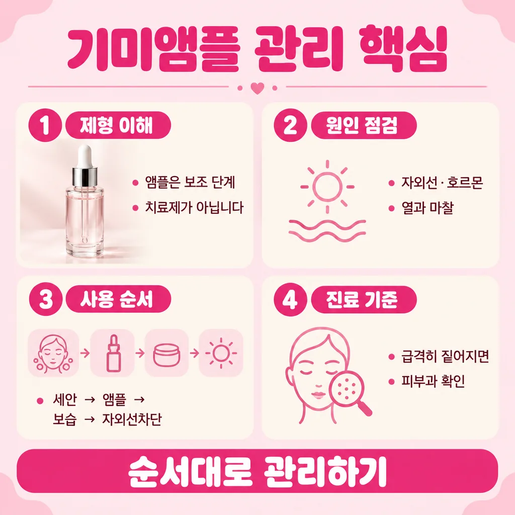 이지듀기미앰플 관리 핵심을 네 칸으로 요약한 그림