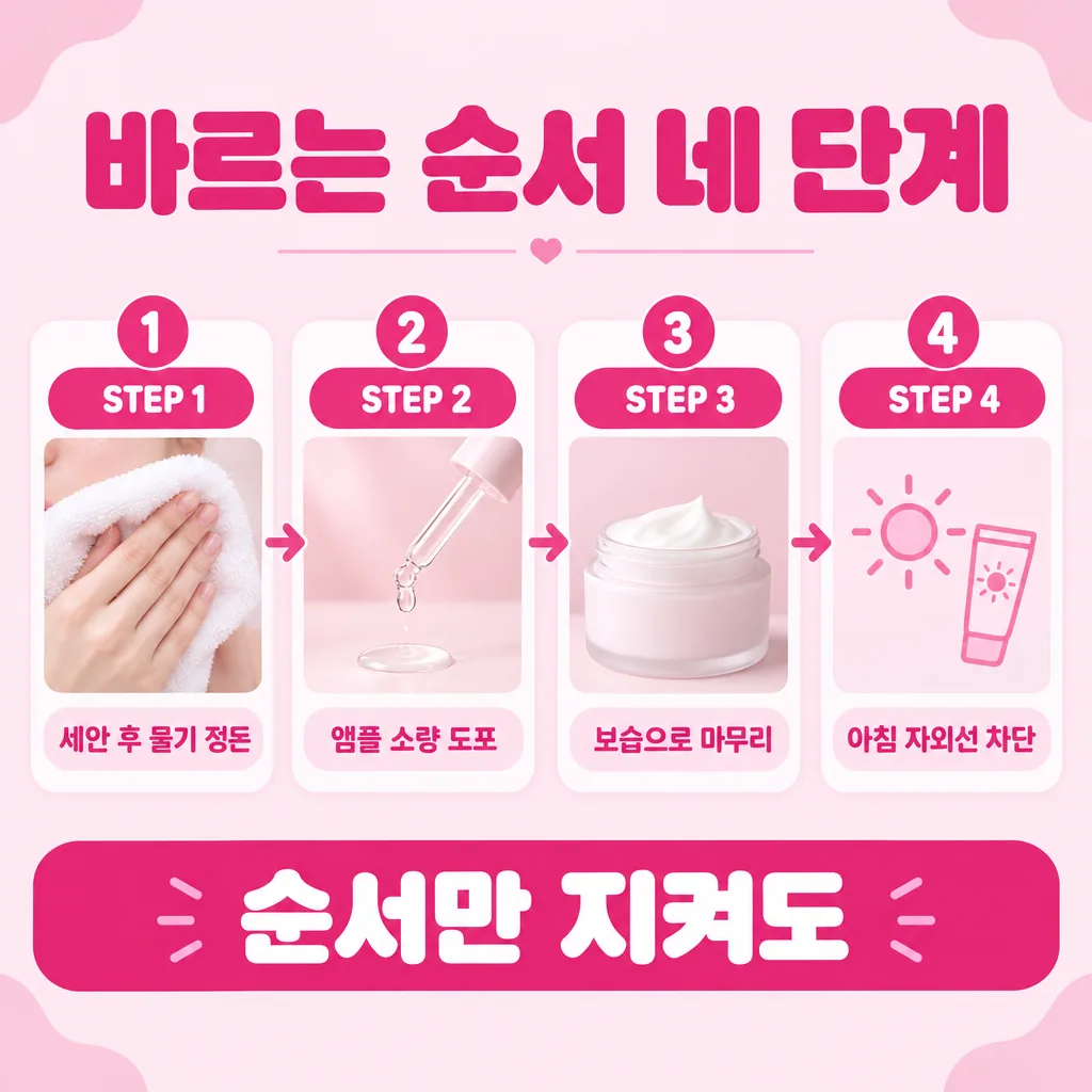 기미 앰플을 바르는 기본 순서를 네 단계로 보여주는 흐름도