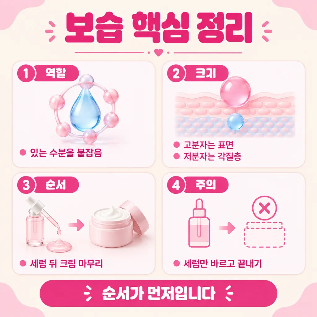 수분을 붙잡는 성분의 역할과 사용 순서를 한 장에 정리한 요약