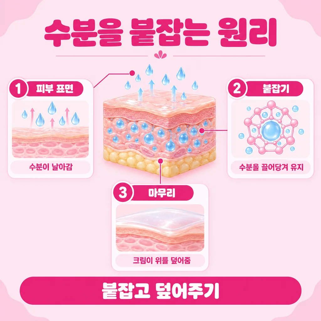 보습 성분이 수분을 유지하는 과정을 단면으로 표현한 개념도