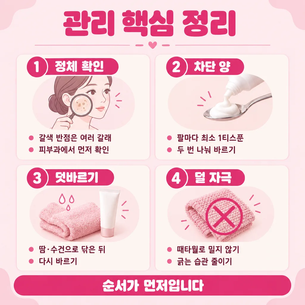 갈색 색소 관리의 네 가지 축을 한 장에 정리한 요약표