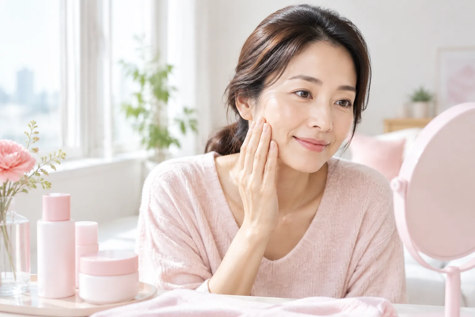 햇살 드는 자리에서 피부 상태를 가볍게 살펴보는 아침 장면