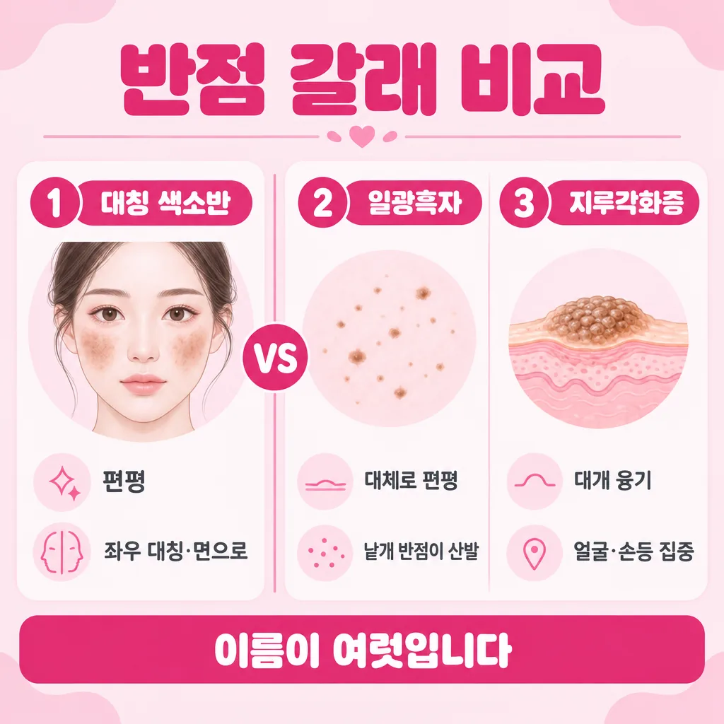 갈색 반점을 가르는 단서를 촉감과 분포로 비교한 그림