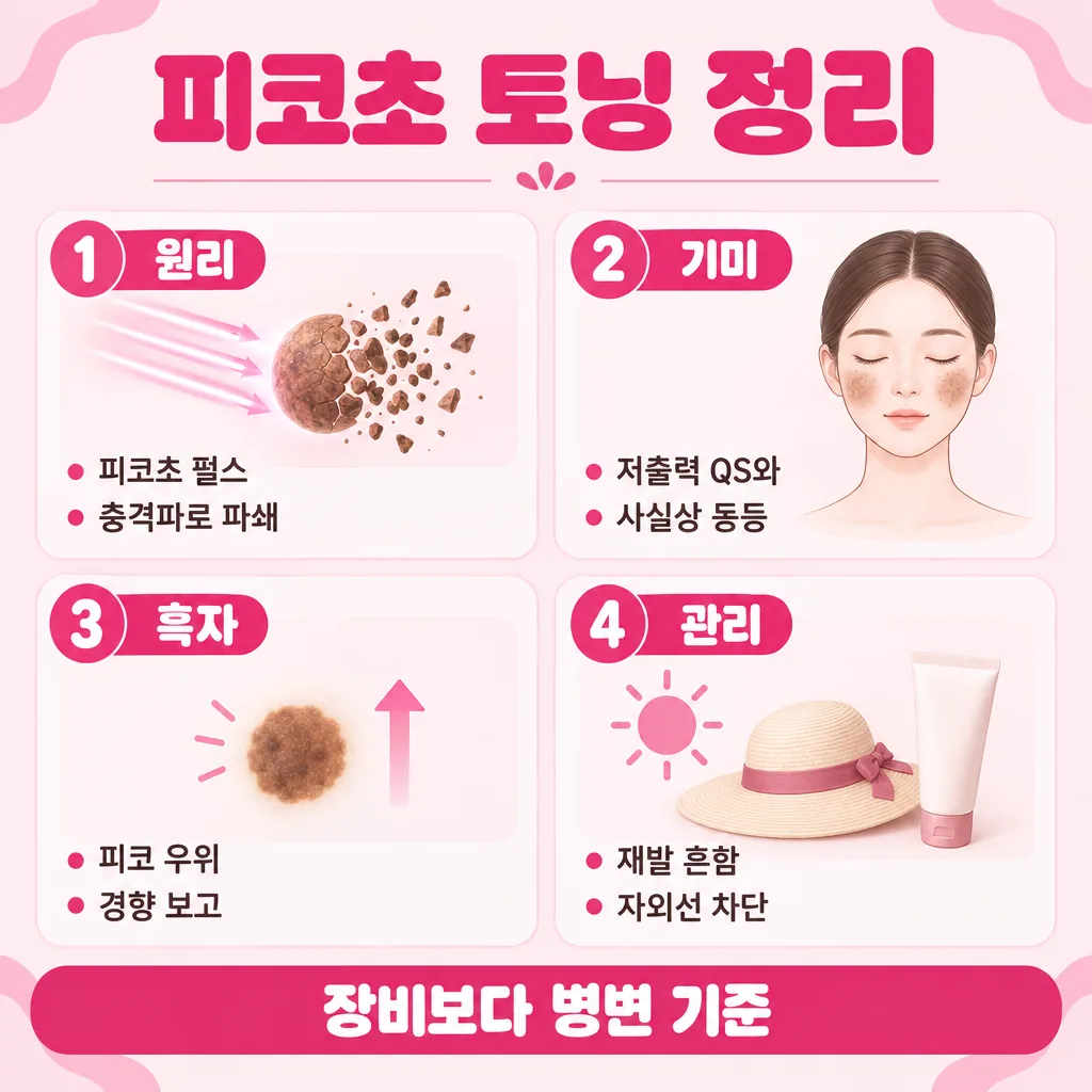 피코초 레이저 시술의 원리와 한계를 한 장으로 요약한 그림