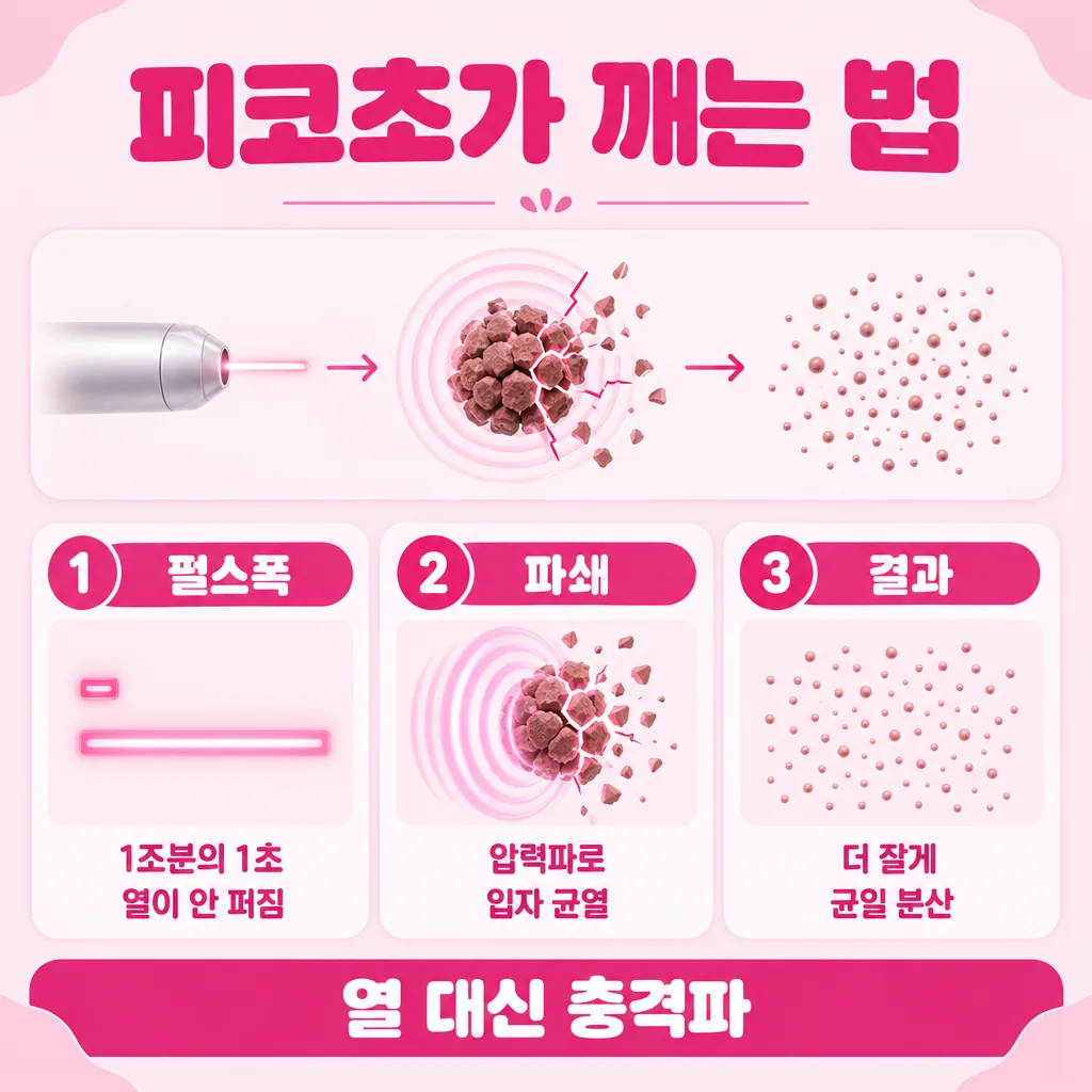 피코초 펄스가 색소 입자를 깨는 과정을 단순화한 개념도
