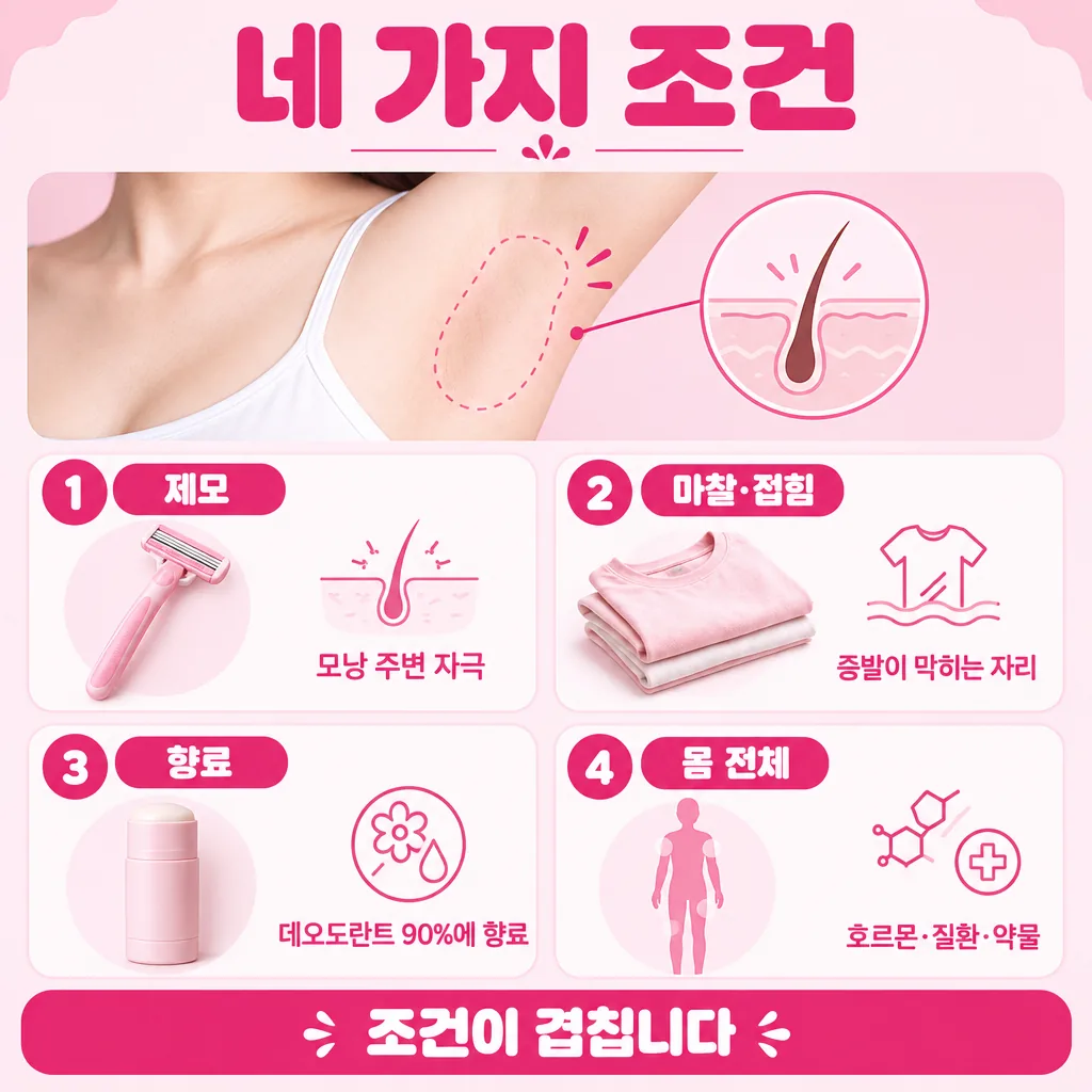 겨드랑이가 어두워지는 조건을 요인별로 정리했습니다