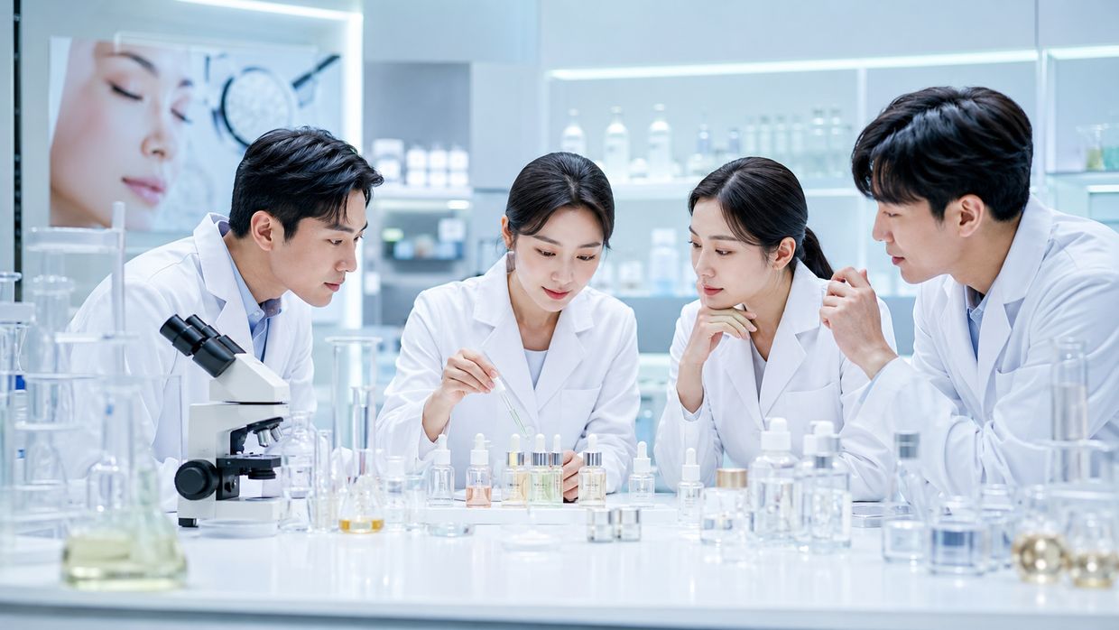 실험실에서 스킨케어 제형과 성분을 살펴보는 모습